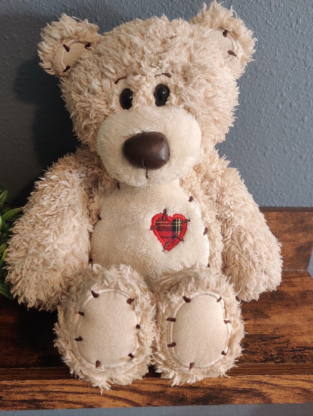 First and Main 12" Tender Teddy Bear Stitches Red Heart Plush Stuff Animal Tan
